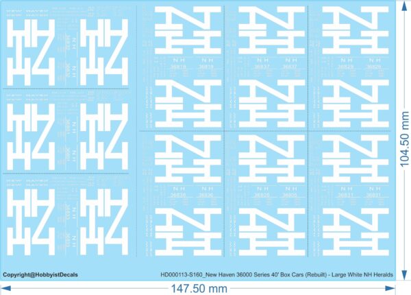 New Haven 36000 Series 40' Box Cars (Rebuilt) - Large White NH Heralds - Railway & Train Decals