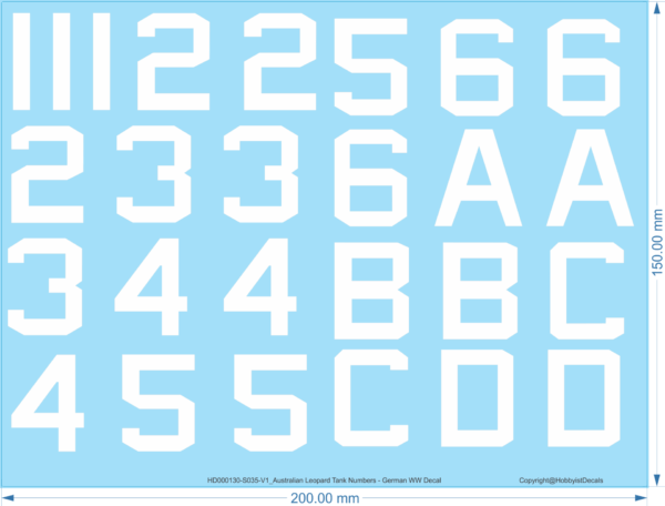 Australian Leopard Tank Numbers - 1/35 - German WW Decals