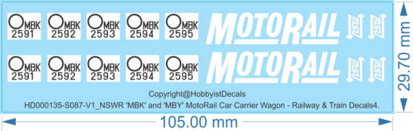 NSWR 'MBK' and 'MBY' MotoRail Car Carrier Wagon - HO (1/87) - Railway & Train Decals