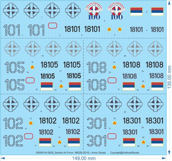 Serbian Air Force - MiG29 (2015) - 1/32 1/48 1/72 1/144 - Armor Decals