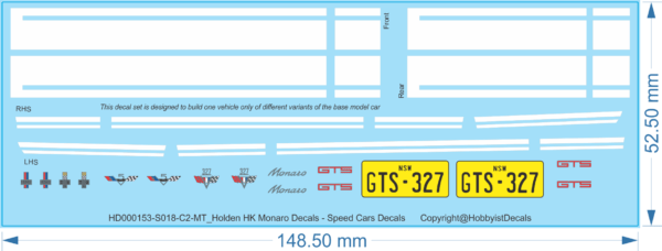 Holden HK Monaro Decals - 1/18 1/25 - Speed Cars Decals