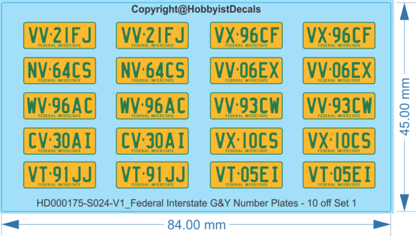 Federal Interstate G&Y Number Plates - 1/14, 1/24 - Vehicle Decals