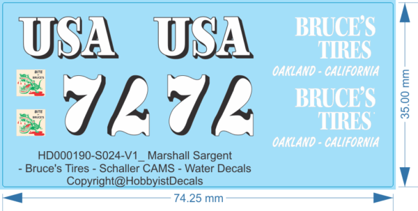 Marshall Sargent - Bruce's Tires - Schaller CAMS - 1/24 1/32 - Water Decals