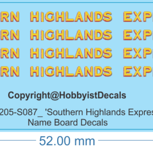 NSWR 'Southern Highlands Express' Decals - 1/87 1/160 - Die Cut - Water Decal - Waterslide, HO (1/87)