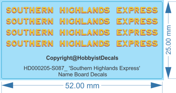 NSWR 'Southern Highlands Express' Decals - 1/87 1/160 - Die Cut - Water Decal - Waterslide, HO (1/87)