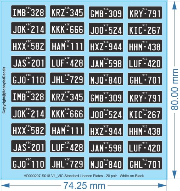 VIC Standard Licence Plates - 20 pair Licence Plates - 1/18 HO(1/87) - Water Decal & Clear Vinyl