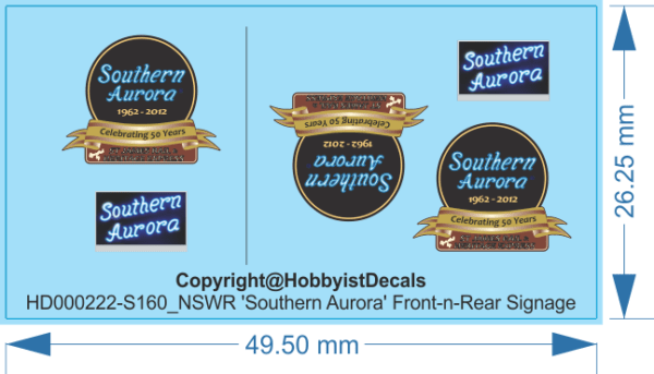 NSWR 'Southern Aurora' Front-&-Rear Signboards - HO (1/87) N (1/160) - WD - Waterslide, N (1/160)