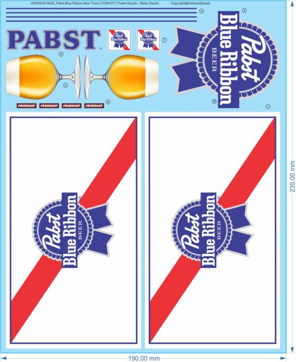 Pabst Blue Ribbon Beer Truck ('CONVOY') Trailer Decals - 1/25 - Water Decals - Waterslide, 1/25