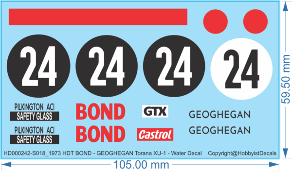 1973 HDT BOND/GEOGHEGAN Torana XU-1 - 1/18 - Water Decals - Waterslide