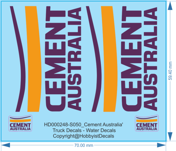 Cement Australia Truck Decals - 1/50 - Water Decals - Waterslide