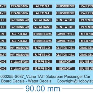 VLine TAIT Suburban Passenger Car Destination Board Decals - HO (1/87) N (1/160) - Water Decals - Waterslide, HO (1/87)