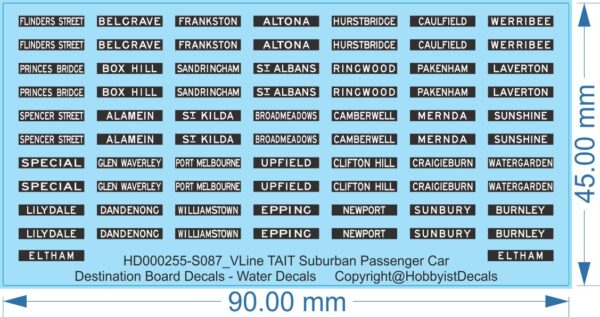 VLine TAIT Suburban Passenger Car Destination Board Decals - HO (1/87) N (1/160) - Water Decals - Waterslide, HO (1/87)