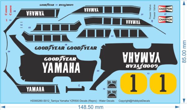 Tamiya Yamaha YZR500 Decals (Repro) - 1/12 - Water Decals - Waterslide, 1/12