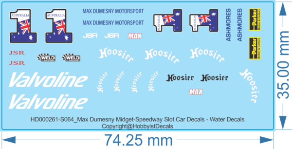 Max Dumesny Midget-Speedway Slot Car Decals - 1/18 1/24 1/32 1/64 - Water Decals - Waterslide, 1/64