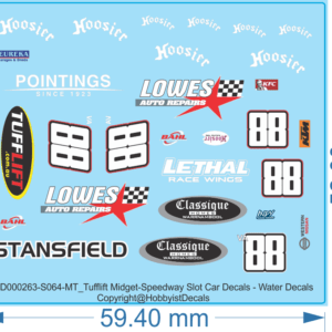 Tufflift Midget-Speedway Slot Car Decals - 1/18 1/24 1/32 1/64 - Water Decals - Waterslide, 1/64