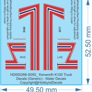 Kenworth K100 Truck Decals (Generic) - 1/50 - Water Decals - Waterslide, 1/50