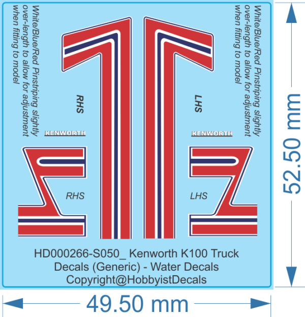 Kenworth K100 Truck Decals (Generic) - 1/50 - Water Decals - Waterslide, 1/50