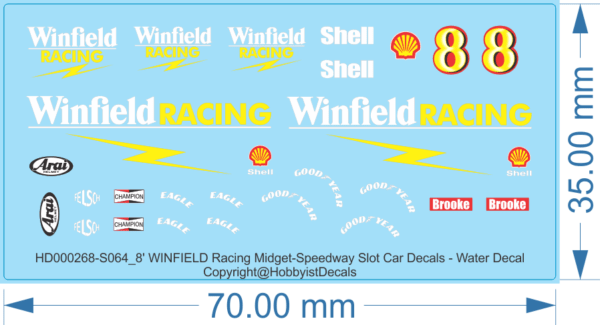 8' WINFIELD Racing Midget-Speedway Slot Car Decals - 1/18 1/24 1/32 1/64 - Water Decals - Waterslide, 1/64