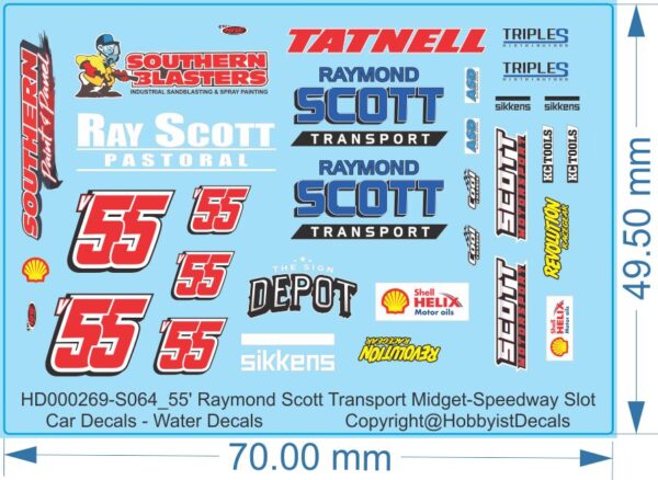 55' Raymond Scott Transport Midget-Speedway Slot Car Decals - 1/18 1/24 1/32 1/64 - Water Decals - Waterslide, 1/64