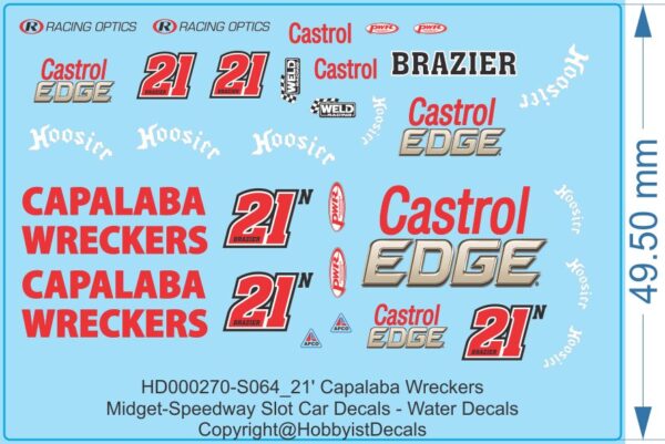 21' Capalaba Wreckers Midget-Speedway Slot Car Decals - 1/18 1/24 1/32 1/64 - Water Decals - Waterslide, 1/64