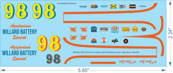 Parnelli Jones Watson' INDY 500 Roadster Decals - 1/25 - Water Decal - Waterslide, 1/25