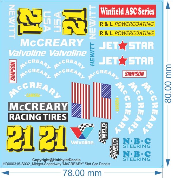 McCREARY Midget-Speedway Slot Car Decals - 1/18 1/24 1/32 1/64 - Water Decals - Waterslide, 1/32