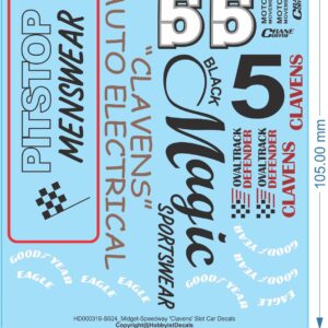 Clavens Midget-Speedway Slot Car Decals - 1/18 1/24 1/32 1/64 - Water Decals - Waterslide, 1/24