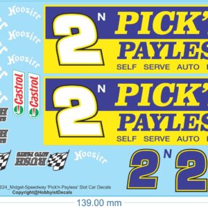 Pick'n Payless Midget-Speedway Slot Car Decals - 1/18 1/24 1/32 1/64 - Water Decals - Waterslide, 1/32