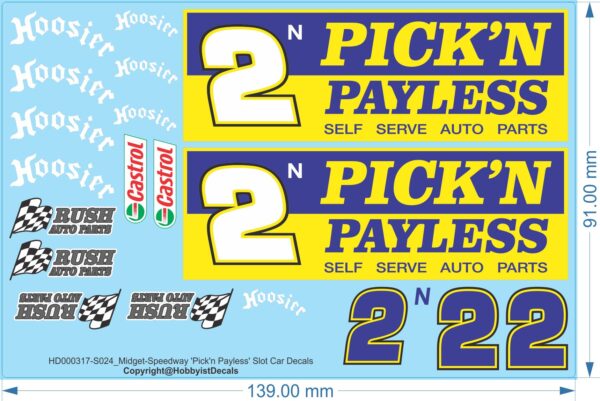 Pick'n Payless Midget-Speedway Slot Car Decals - 1/18 1/24 1/32 1/64 - Water Decals - Waterslide, 1/32