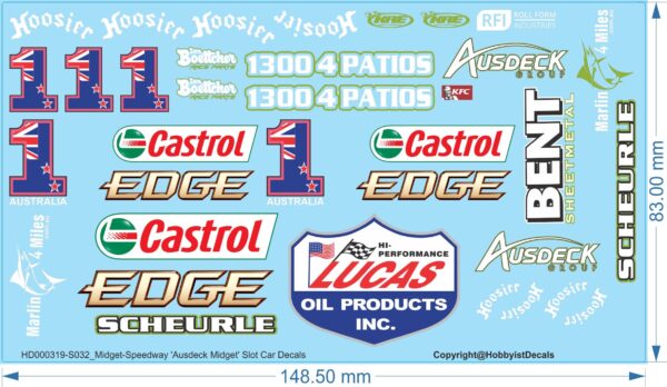 Ausdeck Midget-Speedway Slot Car Decals - 1/18 1/24 1/32 1/64 - Water Decals - Waterslide, 1/32