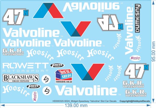 Valvoline Midget-Speedway Slot Car Decals - 1/18 1/24 1/32 1/64 - Water Decals - Waterslide, 1/32