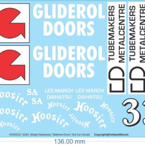 Gliderole Doors Midget-Speedway Slot Car Decals - 1/18 1/24 1/32 1/64 - Water Decals - Waterslide, 1/32