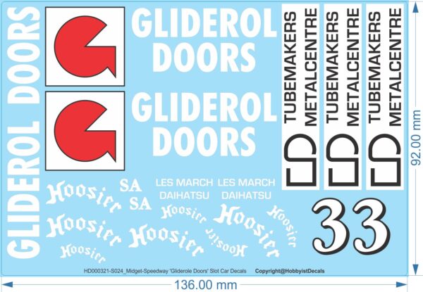 Gliderole Doors Midget-Speedway Slot Car Decals - 1/18 1/24 1/32 1/64 - Water Decals - Waterslide, 1/32