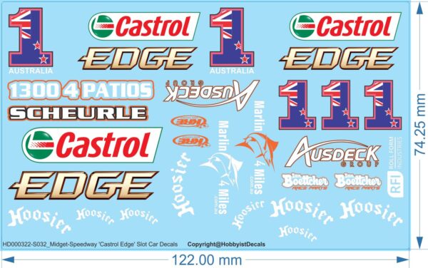 Castrol Edge Midget-Speedway Slot Car Decals - 1/18 1/24 1/32 1/64 - Water Decals - Waterslide, 1/32