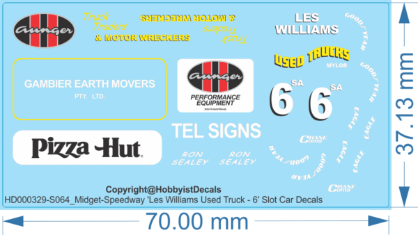 Les Williams '6' Midget-Speedway Slot Car Decals - 1/18 1/24 1/32 1/64 - Water Decal - Waterslide, 1/64