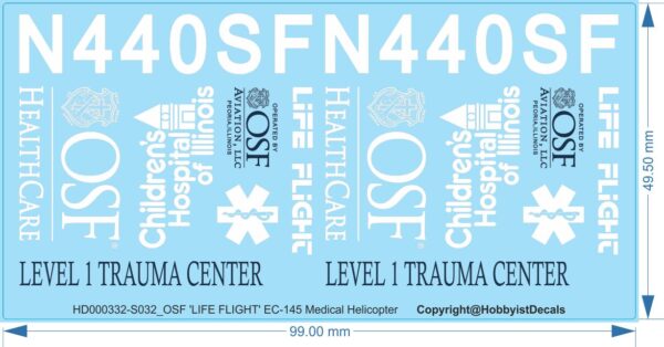 OSF Aviation LIFE FLIGHT EC-145 Medical Helicopter Decals - 1/32 - Water Decal - Waterslide, 1/32