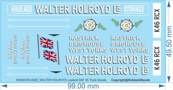 WALTER HOLROYD Leyland DAF 95 Truck Decals - 1/25 - Water Decals - Waterslide, 1/25