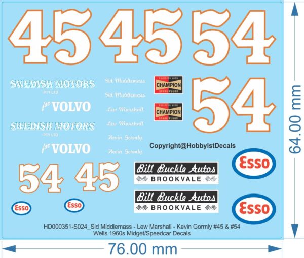 Middlemass Marshall Gormly 45 & 54 Wells - Midget/Speedcar Decals - 1/24 - Water Decals - Waterslide, 1/24