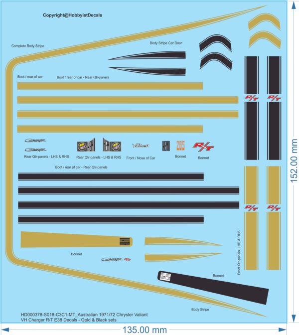 1971-72 Chrysler Valiant VH Charger RT E38 Decals - Gold & Black - Various Scale