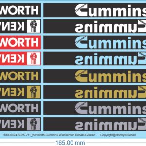 Kenworth Cummins Windscreen Decals - 1/14 1/16 1/25 1/50 - Water Decals