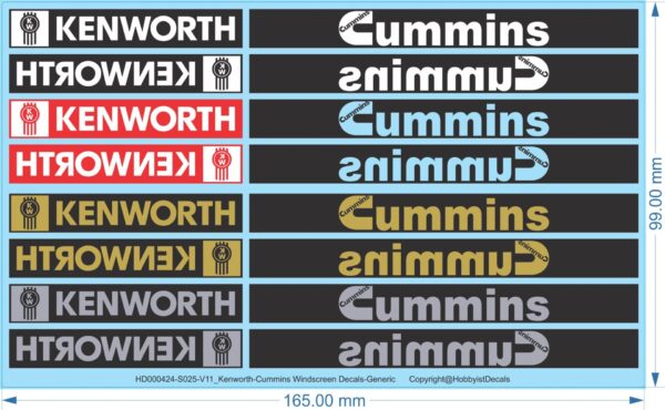 Kenworth Cummins Windscreen Decals - 1/14 1/16 1/25 1/50 - Water Decals