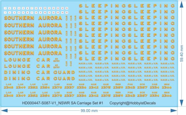 NSWR: Southern Aurora Carriages Decals - 1/43 HO (1/87) N (1/160) - Water Decal