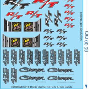 Dodge Charger RT: 6-Pack Hemi Decals (1/18, 1/24, 1/32, 1/43)