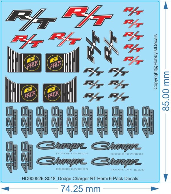 Dodge Charger RT: 6-Pack Hemi Decals (1/18, 1/24, 1/32, 1/43)