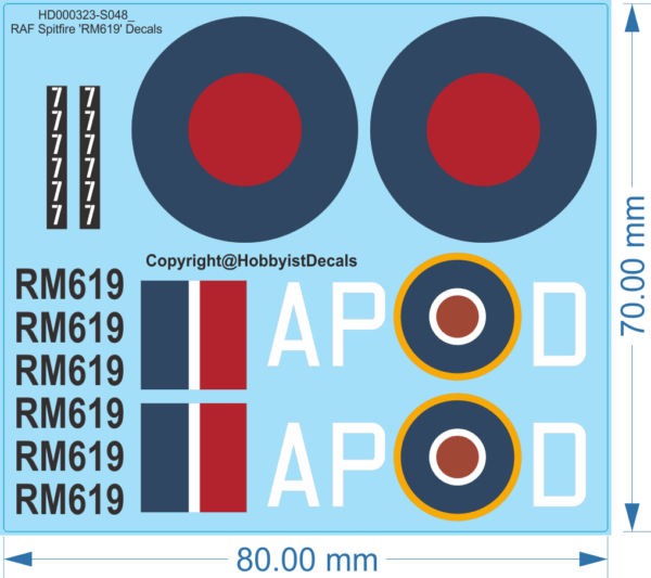 RAF Spitfire 'RM619' Aircraft Decals - 1/48 - Water Decal