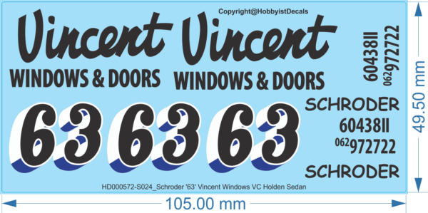 Schroder '63' Vincent Windows VC Holden Sedan - 1/24 - Water Decal