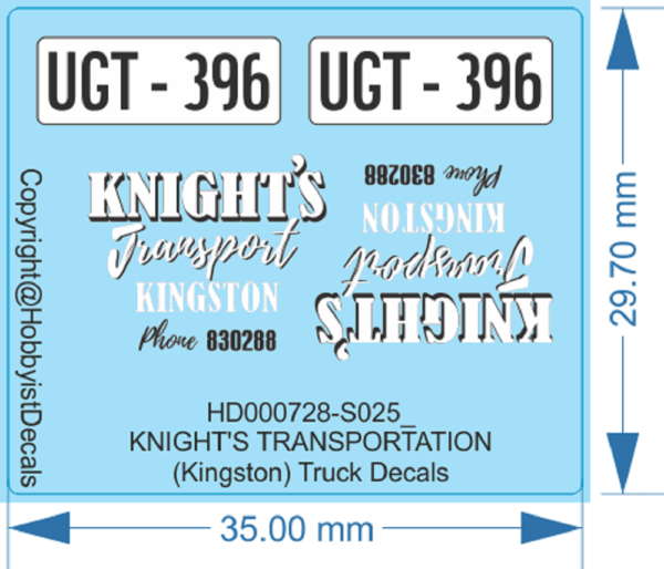 KNIGHT'S TRANSPORTATION (Kingston) Truck Decals - 1/25 - Water Decal